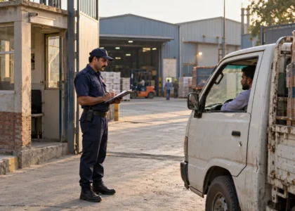Uniformed security guard checking a delivery truck at a factory entrance, illustrating industrial security in Lahore.