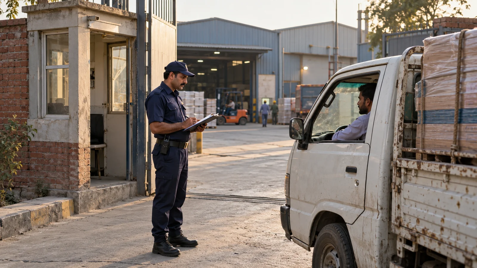Uniformed security guard checking a delivery truck at a factory entrance, illustrating industrial security in Lahore.
