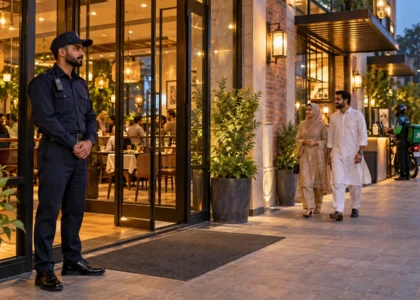 Uniformed security guard beside a warmly lit restaurant entrance in Lahore, with guests approaching and a delivery rider waiting nearby.