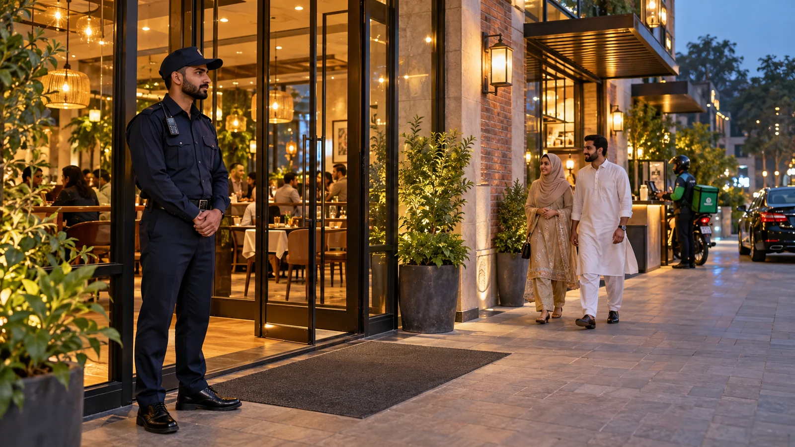 Uniformed security guard beside a warmly lit restaurant entrance in Lahore, with guests approaching and a delivery rider waiting nearby.