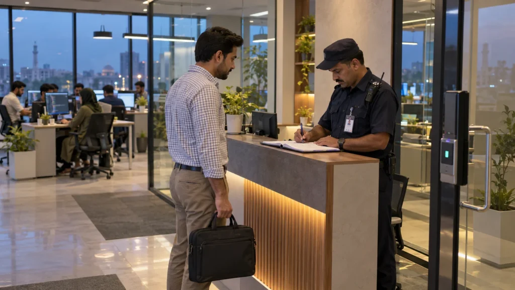Pakistani security guard checking a visitor register at a software house reception, with developers working behind a glass partition.