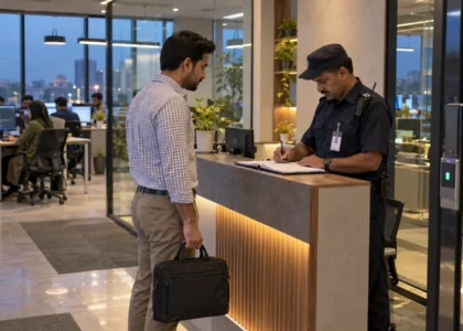 Pakistani security guard checking a visitor register at a software house reception, with developers working behind a glass partition.