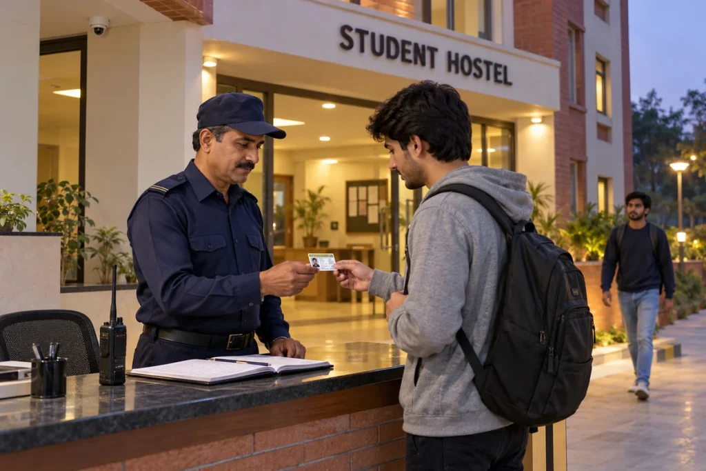 Security guard checking a university student's ID at the entrance of a student hostel in Lahore.