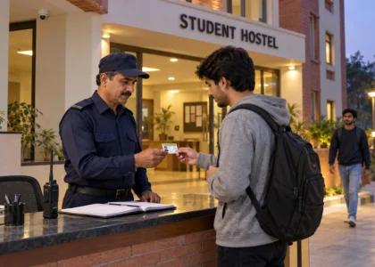 Security guard checking a university student's ID at the entrance of a student hostel in Lahore.