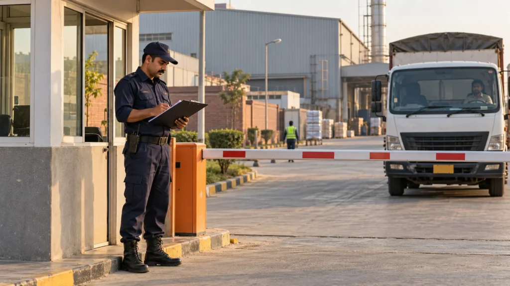 Security guard reviewing a vehicle register at a factory entrance with a delivery truck waiting beside a boom barrier.
