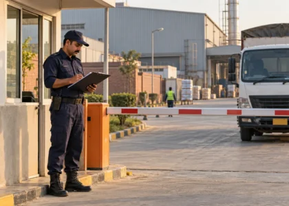 Security guard reviewing a vehicle register at a factory entrance with a delivery truck waiting beside a boom barrier.